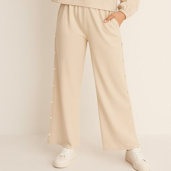 NWT Entro Beige Chunky Pearl Wide Leg Pant L - Picture 2 of 2